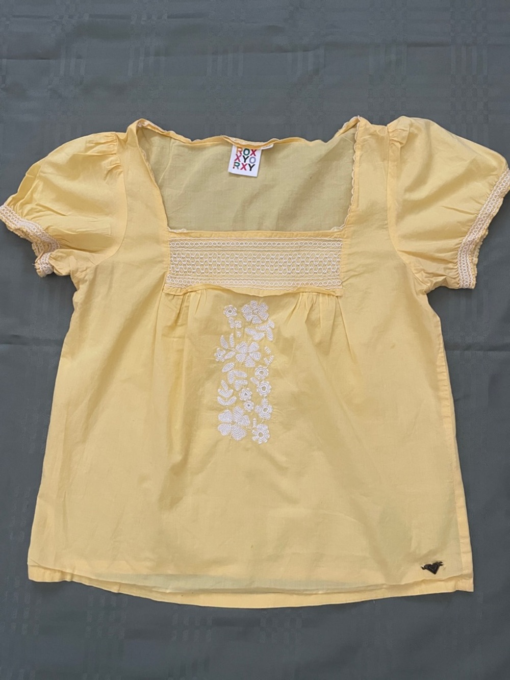 Roxy Pale Yellow Floral Embroidered Puff Sleeve Top